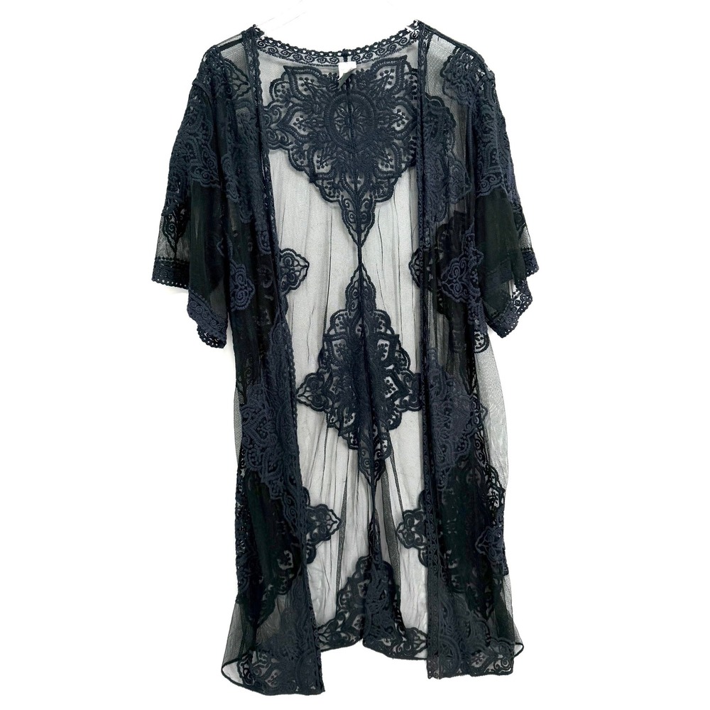 Boho Floral Lace Mesh Open Front Kimono Size S-M Sheer Embroidered Coverup